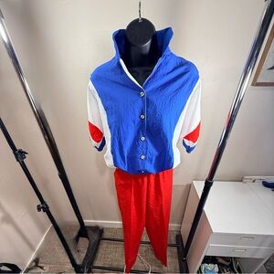 3-piece set. Stylish Red, Blue, and White Women's wardrobe capsule outfit.